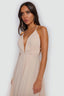 Chiffon Moa-Deep v Neckline Maxi Dress in Nude color