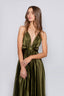 Satin Moa-Open Back Deep v Neckline Maxi Dress in Dark Olive color