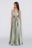 Satin Moa-Open Back Deep v Neckline Maxi Dress in sage color