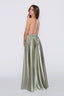 Satin Moa-Open Back Deep v Neckline Maxi Dress in sage color