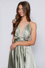Satin Moa-Open Back Deep v Neckline Maxi Dress in sage color