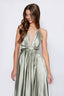 Satin Moa-Open Back Deep v Neckline Maxi Dress in sage color